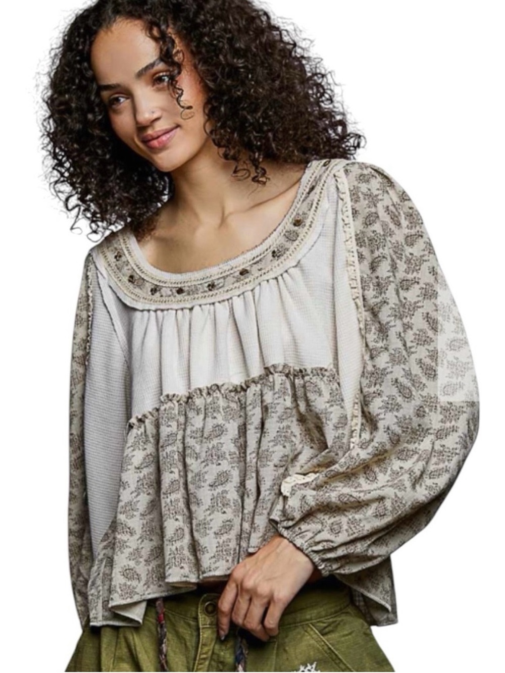 POL NWT Floral Boho Blouse in Cream & Brown Size Large